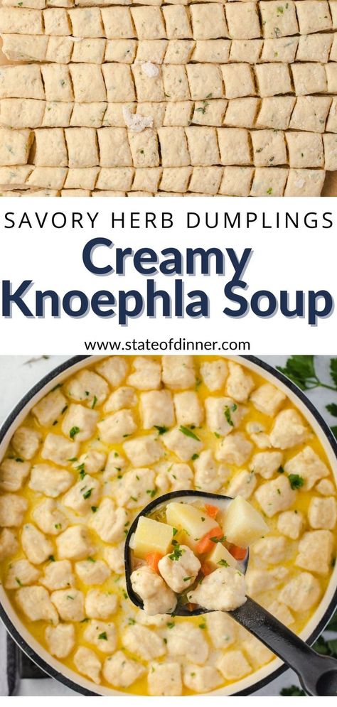 Top image is dumpling dough cut into squares and the bottom is potato and dumpling soup scooped out of pot with a black ladle. Knelpha Soup, Cheese Dumplings For Soup, Creamy Knoephla Soup, German Soup Dumplings, Homemade Knoephla Dumplings, German Garlic Soup, German Wedding Soup, Savory Dumplings Recipe, Krolls Diner Knoephla Soup Recipe