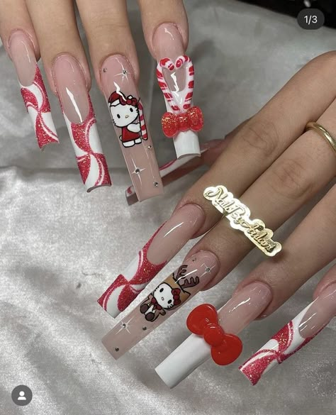 Hello Kitty Christmas Nails Acrylic, Hello Kitty Xmas Nails, Hello Kitty Nails Christmas, Funny Christmas Nails, Candy Cane Nails Acrylic, Holiday Acrylics, Hello Kitty Halloween Nails, Y2k Christmas Nails, Christmas Baddie Nails