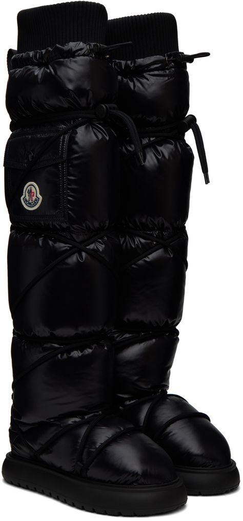 Knee-high down-filled quilted waterproof nylon taffeta boots in black. Cord-lock lace-up detailing throughout. · Bungee-style drawstring at rib knit collar · Flap pocket at outer side · Felted logo patch at outer side · Taffeta lining · Treaded anti-slip rubber sole Supplier color: Black Fashion Collection Inspiration, Balenciaga Boots, All Black Fashion, Crochet Clothing And Accessories, Crochet Clothing, High Shoes, Fur Boots, Boots Knee, Slides Shoes