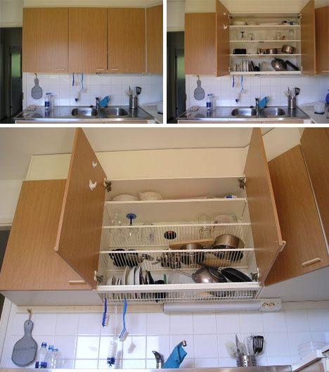 I love the dish rack cupboard ! -  To connect with us, and our community of people from Australia and around the world, learning how to live large in small places, visit us at www.Facebook.com/TinyHousesAustralia Drying Cupboard, Closet Space Savers, Above Sink, Desain Pantry, Inside House, European Kitchens, Kabinet Dapur, Over Sink, Dish Drainers