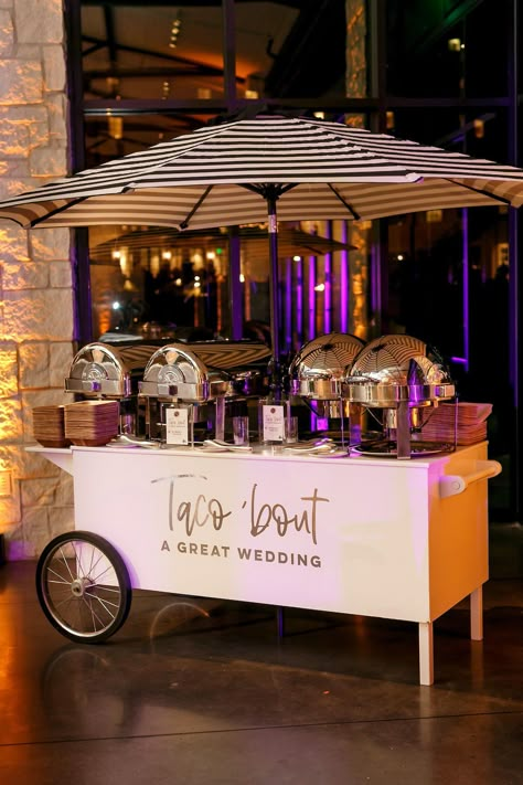 Evening wedding reception at Omni Barton Creek | JennyDeMarco Photography #austinwedding #austinweddingphotographer #winterwedding #omnibartoncreek Food Truck Cocktail Hour, Small Wedding Catering Ideas, Tacos Wedding Reception, Taco Cart Wedding, Taco Bar Wedding Reception, Wedding Food Cart, Taco Bar Wedding Reception Buffet, Taco Wedding Reception, Taco Truck Wedding