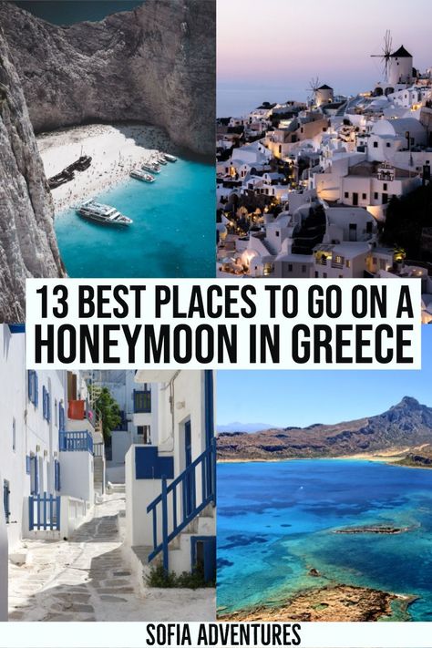 Dreaming of a honeymoon in Greece? Aren't we all! Here are 13 of the most romantic places in Greece for couples and newlyweds, plus tips on how to choose the best Greek honeymoon destination depending on your budget, travel style, and personality. From Santorini honeymoon inspiration to off-the-beaten-path honeymoon spots in Greece, we've racked our brains for the most beautiful places in Greece for a honeymoon! Honeymoon In Greece, Greece Resorts, Santorini Honeymoon, Best Honeymoon Resorts, Affordable Honeymoon, Top Honeymoon Destinations, Greece Honeymoon, Honeymoon Inspiration, Honeymoon Pictures