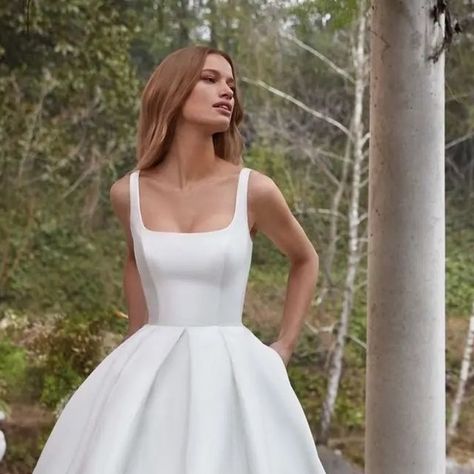 Designer Bridal Room | Wedding Dress Malaysia on Instagram: "This minimalist #NicoleColet wedding dress crafted in mikado featuring a flattering square neck bodice and a pleated princess skirt! 🌷🌷 @nicolemilanoofficial" Square Neck Ball Gown Wedding Dress, Square Neck Ballgown Wedding Dress, Elegant Mini Dress With Square Neck And Pleated Bodice, Square Neck Mikado Wedding Dress, White Satin Square Neck Wedding Dress, Wedding Dress Crafts, Princess Skirt, Wedding Dresses Corset, Square Neck