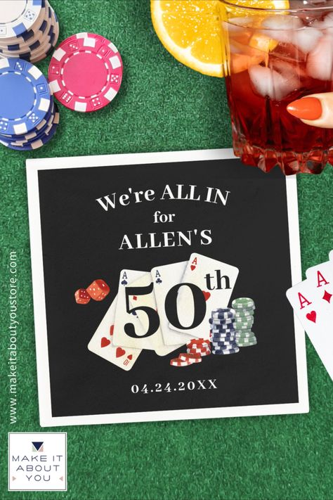 Personalized birthday party celebration paper napkins with a casino, poker or Las Vegas theme. All text is editable and for any age birthday. The design features watercolor playing cards, poker chips and dice against an editable black background color you can change to coordinate with your party theme colors. NAPKIN OPTIONS: The sample is shown in the 4.75x4.75-inch Cocktail size on white--other sizes and napkin paper colors are available. 60th Birthday Ideas For Dad, 60th Birthday Ideas, Las Vegas Theme, Leadership Retreat, Cards Poker, Vegas Theme, Poker Party, Personalized Paper Napkins, Birthday Party Celebration