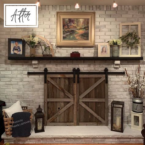 Farmhouse Fanatics on Instagram: “A #fireplace with #barndoors? Pinch me!😍🔥 I love the way that Dina transformed her fireplace. Don’t you? — — — #farmhouse #farmhousedecor…” Pellet Stove Ideas Living Rooms, Wood Burning Stove Ideas, Pellet Stove Ideas, Farmhouse Fireplace Decor, Brick Fireplace Makeover, Fireplace Mantle Decor, Fireplace Doors, Off Grid Cabin, Farmhouse Fireplace