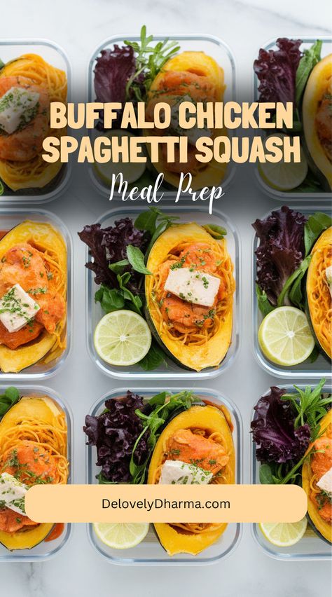 Meal prep ready buffalo chicken spaghetti squash portioned in containers for healthy weekly planning. Healthy Meal Prep Buffalo Chicken, Lean And Green Buffalo Chicken, Meal Prep Buffalo Chicken, Buffalo Chicken Spaghetti, Buffalo Chicken Spaghetti Squash, Spaghetti Squash Boats, Spaghetti Squash Boat, Squash Boats, Spaghetti Squash Recipe