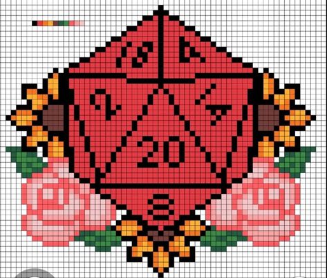 Dice Perler Bead Pattern, Dnd Knitting Pattern, Dungeons And Dragons Pixel Art, D20 Pixel Art, D20 Perler Bead Pattern, Dnd Cross Stitch Pattern, Dnd Perler Bead Patterns, Dnd Craft Ideas, Nerdy Pixel Art