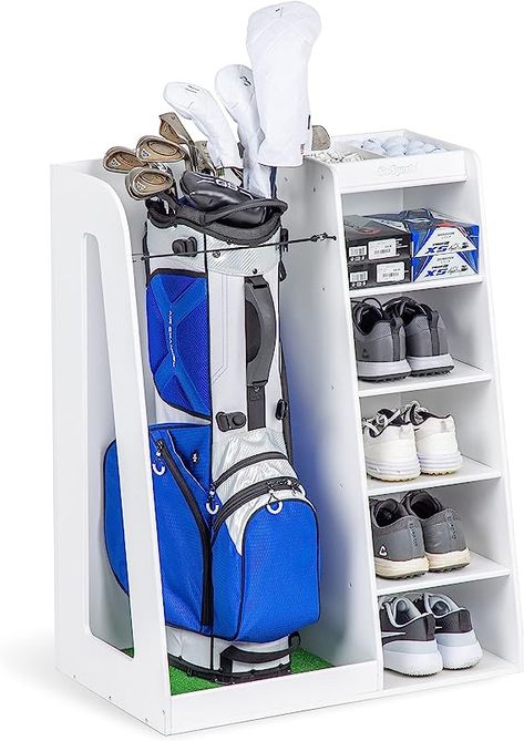 PREMIUM GOLF BAG ORGANIZER: Keep your golf gear organized in a premium, modern looking wood storage cabinet; Designed to fit 1 full size golf bag, 4-5 pairs of golf shoes and accessories; Assembled size measures 29 in width x 37 in height x 17 in depth Golf Organizer, Sport Rack, Home Office Garage, Football Accessories, Gear Organizer, Office Garage, Wood Storage Cabinets, Storage Racks, Storage Bags Organization