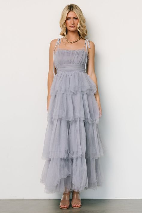 Alora Tulle Tiered Maxi Dress | Dusty Slate - Baltic Born Ethereal Dress, Ruffle Maxi Skirt, Tulle Material, Destination Dress, Tulle Bridesmaid Dress, Baltic Born, Dress Dusty, Straight Neckline, Blue Bridesmaids