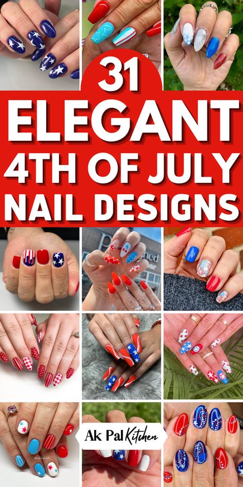 31 Elegant 4th of July Nail Designs - Ak Pal Kitchen 4th Of July Nail Designs, July Nail Designs, American Flag Nails, Firework Nail Art, Patriotic Nail, 4th Of July Nail, Patriotic Nails Design, Firework Nails, Flag Nails