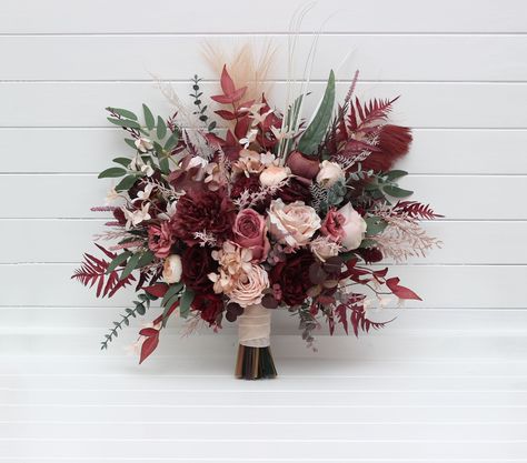 "The bouquet is made of flowers and leaves of high quality. Arch arrangement are here: https://www.etsy.com/listing/1611819480/burgundy-dusty-rose-blush-pink-arch?ref=listings_manager_grid All dimensions are total length or width. Size of the bridal bouquet : The width of the bouquet - 20\"( 50cm) The height of the bouquet - 23\" (58cm) The width of the bridesmaid bouquet- 10\" ( 25 cm) Thanks for visiting 😊" Burgundy Winter Wedding Bouquet, Rose Gold And Burgundy Wedding Flowers, Maroon And Pink Bouquet, Burgundy Blush Pink And Sage Green Wedding, Burgundy Blush Wedding Flowers, Dusty Red Wedding, Burgundy Bride Bouquet, Wedding Bouquets For Fall, Wine Colored Flowers