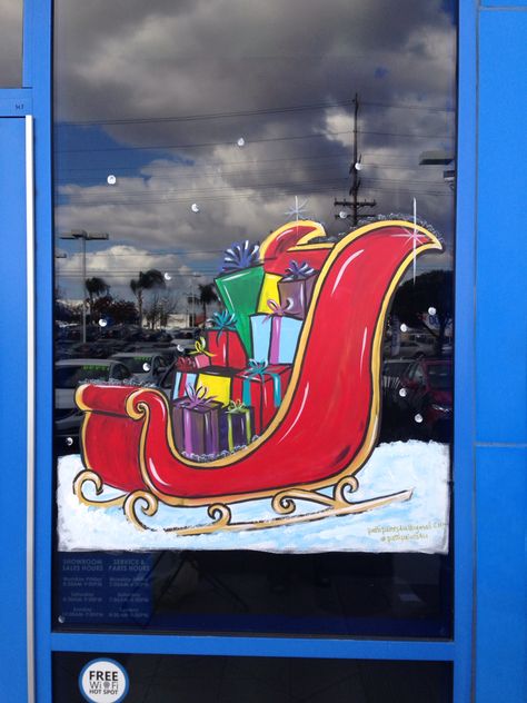 Giant sled, Holiday window painting, #pattipaints4u Painted Window Art, Christmas Window Painting, Window Mural, Decoration Vitrine, Christmas Window Display, Winter Window, Christmas Window Decorations, Painting Snow, Holiday Painting