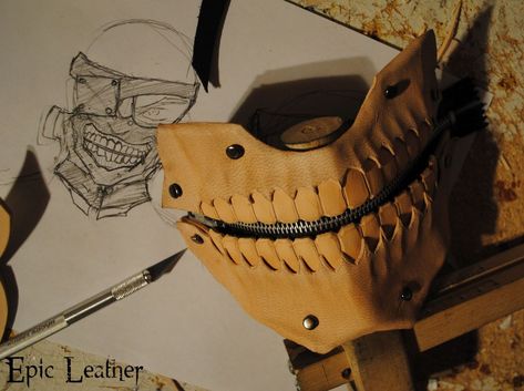 WIP for a new commission.  Ken Kaneki's "Eyepatch" Mask from Tokyo Ghoul.﻿ Etsy Link: www.etsy.com/listing/221027155… Updates and additional Shots: Tokyo Ghoul Masks Ideas, Diy Leather Mask, Eva Foam Armor, Leather Knife Sheath Pattern, Masks Ideas, Motorcycle Mask, How To Make Leather, Steampunk Mask, Mask Tutorial