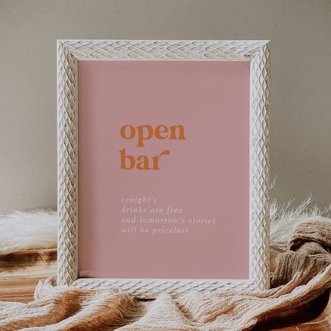 Let guests know the drinks are flowing with this pink and orange retro open bar sign. A must-have for your summer wedding. #OpenBarSign #RetroWedding #SummerWedding #BarDecor #WeddingSign Hot Pink Color Palette, Wedding Open Bar, Pink And Orange Wedding, Open Bar Sign, Hair Styles Wedding, Pink Color Palette, Personalized Wedding Decor, Orange Retro, Flowers Real