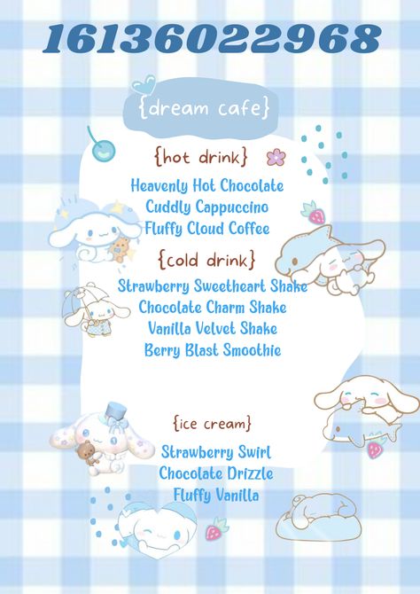 Hello Kitty Menu Bloxburg, Cinnamoroll Decals Bloxburg, Bloxburg Kawaii, Cinnamoroll Cafe, Hello Kitty Restaurant, Sanrio Cafe, Cafe Hello Kitty, Bloxburg Food Decals, Bloxburg Decals Codes Aesthetic