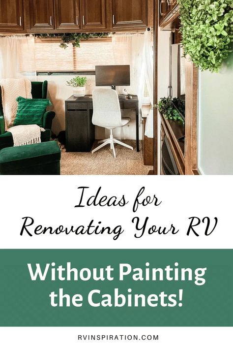 In this article from rvinspiration.com you'll see RV decor and makeover ideas for updating an ugly or outdated RV interior without having to paint the cabinets or walls. You'll also see examples of renovated RV's with some cabinets left unpainted to highlight the beauty of the original wood. | rvinspiration.com #rvmakeover #rvdecorideas #rvmakeoverideas #rvrenovationideas Updating Oak Cabinets, Rv Cabinets, Camper Flooring, Horse Trailer Living Quarters, Rv Interior Remodel, Camper Interior Design, Camper Trailer Remodel, Diy Camper Remodel, Rv Makeover