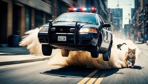 Police car in high-speed chase with a cat - AI Generated Artwork - NightCafe Creator High Speed, Police Cars, Car Ins, Cool Artwork