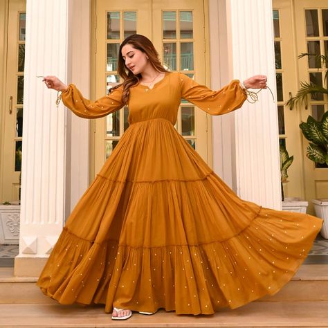 Long Frock Stitching Ideas For Women, Long Frock Models For Women Stitching, Yellow Frocks For Women Haldi, Chicken Long Frock Design, Latest Long Frock Designs For Women, Frock Models For Women, Long Frocks Designs, Gown Dress Party Wear, Haldi Dress