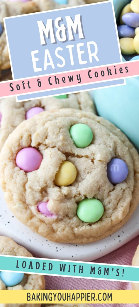 Soft & Chewy M&M Easter Cookies, Easter cookies for Spring that are thick, soft, and chewy and not too sweet. They are just right! M&m Cookies Easter, Easter Mm Cookies, M&m Bunny Cookies, Easter M And M Cookies, Easter M&m Cookies, Easter M M Cookies Recipe, Cookies For Spring, Easter Cookie Recipes, Easter Food Appetizers