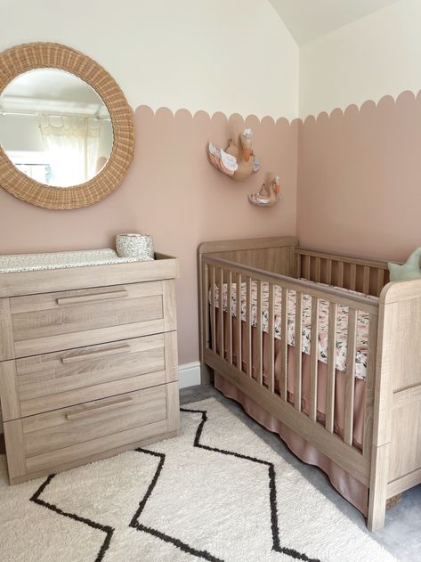 Pink And Wood Nursery Ideas, Nursery With Oak Furniture, Girls Nursery Ideas Small Room, Rustic Pink Nursery, Dusty Rose Pink Nursery, Dusk Pink Nursery, Dusky Pink Nursery Ideas, Baby Girl Nursery Neutral Blush, Nude Nursery Room