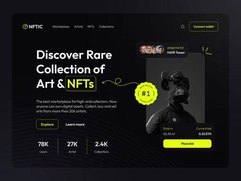 Learn how to create a successful NFT marketplace landing page with this comprehensive guide, covering everything from design and copywriting to SEO and #Dark_Theme_Landing_Page #Website_Hero_Design #Websites_Design_Inspiration #Landing_Page_Ui_Design Website Hero Design, Photography Website Templates, Portfolio Website Template, App Interface Design, Powerpoint Design Templates, Nft Marketplace, Webpage Design, App Interface, Website Design Services