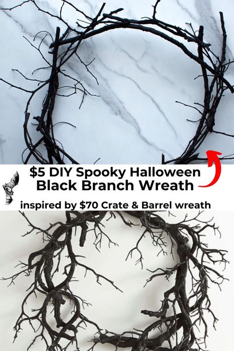 Two black branch wreaths are compared with one being a DIY and another being an expensive big box store wreath for Halloween. Branch Wreath Diy, Spooky Halloween Wreath, Branch Wreath, Branches Diy, Easy Decor, Diy Halloween Wreath, The Haunting, Wreath Diy, Diy Halloween