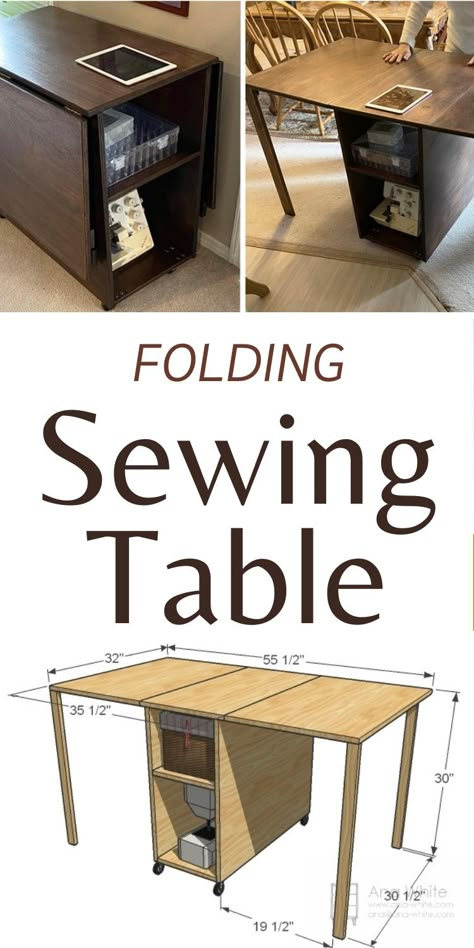 Folding Sewing Table, Diy Sewing Table, Craft Table Diy, Sewing Room Design, Sewing Space, Woodworking Plan, Sewing Rooms, Diy Furniture Table, Sewing Table