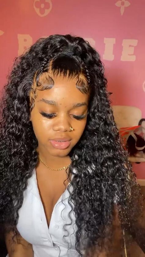 Prom Hairstyles For Black Women Deep Wave, Wet And Wavy Lace Front Wig Ponytail, Lace Wig With Braids, Deep Wave Curly Hairstyles, Soft Hairstyles Black Women, Curly Lace Front Wigs Hairstyles With Braids, Half Up Half Down Deep Wave Sew In, Curly Frontal Wig Styles, Frontal Styles Ideas Curly Hair