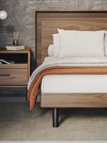 LINQ | BDI Furniture Bedsets Ideas, Minimalist Wooden Bed, Bdi Furniture, Wooden Bed Side Table, Bed Side Table Design, Wooden Cot, Walnut Bedroom Furniture, Walnut Bedroom, Bedroom Sanctuary