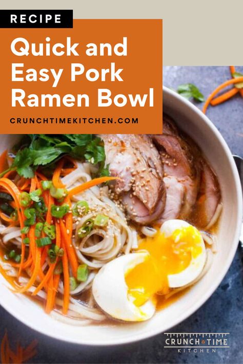 This quick Pork Ramen Bowl is amazing. This pork ramen soup recipe is a real weeknight dinner champion. If you want something quick and easy for dinner this pork ramen recipe is it. This is a great ramen bowl using food hacks and shortcuts to make one easy and healthy meal idea. Add a soft-boiled egg, some healthy and fresh cilantro, and shredded carrots, and enjoy this healthy comfort food tonight. Pork Ramen Recipe, Ramen Soup Recipes, Ramen Ingredients, Pork Ramen, Ramen Recipe, Pork Soup, Homemade Ramen, Shredded Carrots, Ramen Soup