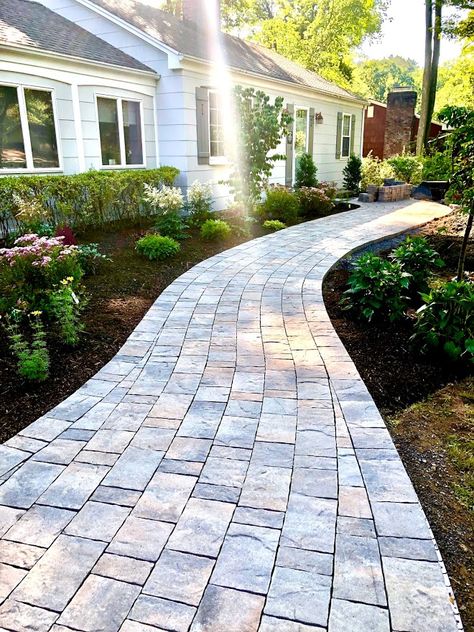 Landscape Ideas Walkway, Entryway Pavers, Front Walkway Pavers, Front Walk Pavers, Front Yard Flagstone Walkway, Front Walkway Landscaping Entryway, Nantucket Pavers Walkway, Stone Walkways To Front Door, Brick Sidewalk Front Walkway Diy