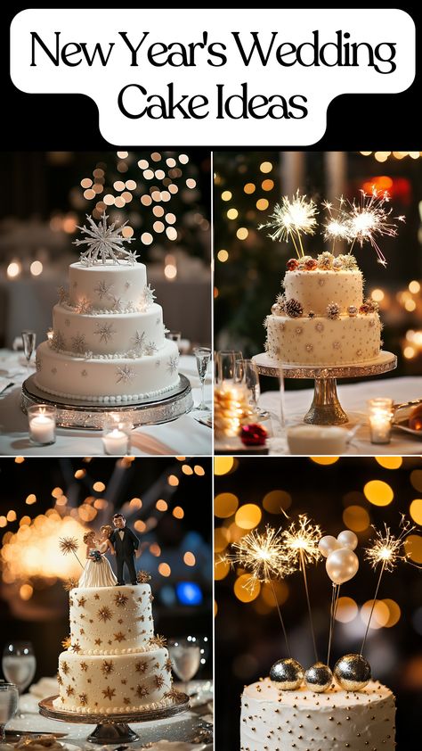 Elegant New Year's Eve wedding cake decorated with festive toppers and sparkling accents, ideal for a New Year's wedding celebration. New Year Wedding Ideas, New Years Wedding Cake, New Years Birthday Cake, New Year’s Eve Wedding Cake, New Years Eve Cake Ideas, New Years Eve Wedding Cake, Small Wedding Cake Ideas Elegant, New Year’s Eve Wedding, New Years Eve Cupcakes