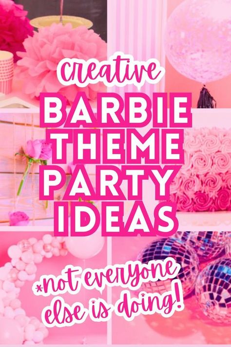 Easy Barbie Decorations, Barbie Themed Birthday Activities, Barbie Theme Birthday Party Ideas, Food For Barbie Birthday Party, Barbie Office Party, Barbie Theme Halloween Party, Easy Barbie Crafts, Pink Decorations For Birthday, Barbie Doll Party Ideas