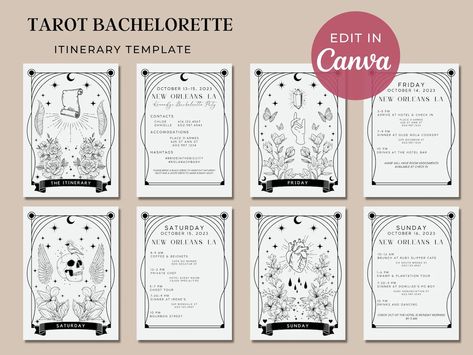 Tarot Themed Bachelorette, Astrology Bachelorette Party, Astrology Bachelorette, Tarot Bachelorette, Celestial Bachelorette Party, Gothic Bachelorette, Slavic Witch, Bachelorette Aesthetic, Weekend Itinerary Template