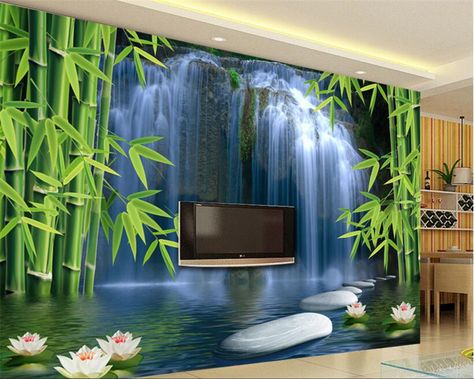 Modern Wallpaper Living Room, 3d Living Room, 3d Wallpaper Living Room, Waterfall Wallpaper, 3d Wallpaper Mural, Living Room Murals, Waterfall Photo, Wallpaper Ceiling, Natural Living Room