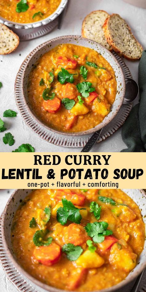 This Thai-style red curry potato lentil soup is the ultimate comforting dinner on a cold day. It combines the flavors and textures of Thai red curry and red lentil dhal and comes together in just one pot!This soup is one of our favourite easy weeknight dinners alongside my One-Pot Vegan Miso Ramen recipe. Even non-vegans will love this healthy vegan dinner! Potato Soup Healthy, Red Lentil Curry Soup, Easy Thai Red Curry, Potato Lentil Soup, Red Curry Lentils, Lentil Dhal, Lentil Potato Soup, Curried Lentil Soup, Healthy Vegan Dinner Recipes