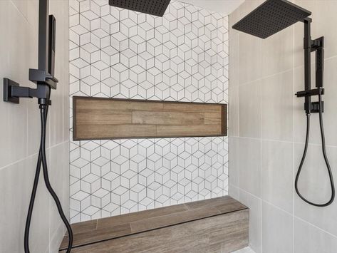 Shower With Decorative Tile, Tile Shower With Black Hardware, Wood Accent Bathroom Ideas, Shower With Two Different Tiles, Wood Like Tile Shower Walls, Tiled Stand Up Shower Ideas, Accent Tile Shower Wall, Dark Shower Tile Ideas, Wood Accents Bathroom