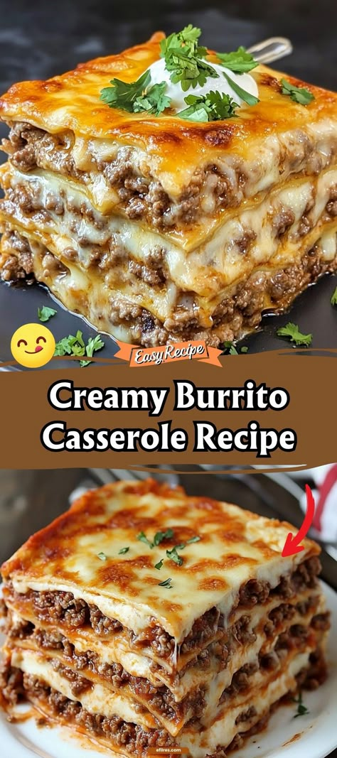 Our Creamy Burrito Casserole is a delightful blend of all your beloved burrito ingredients, layered to perfection in a single dish. Imagine tortillas, seasoned ground beef, refried beans, and melted cheese, all enveloped in a zesty sauce and creamy sour cream. It's the ultimate comforting meal for any weeknight, offering both heartiness and incredible flavor. Burrito Casserole Recipe, Burrito Bake, Creamy Burrito Casserole, Ground Beef Refried Beans, Cheese Tortillas, Fall Soups And Stews, Beans And Cheese, Burrito Casserole, Mexican Casserole Recipe