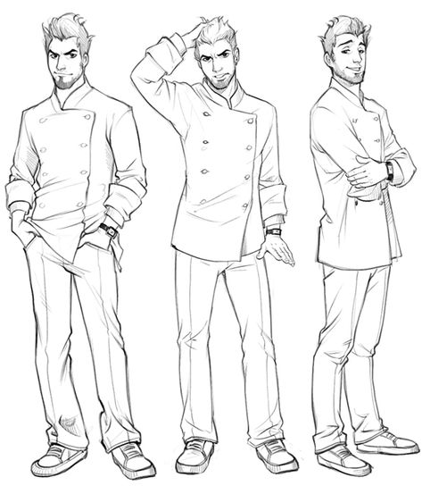 Fashion. Fame. Fortune. Friends. Head to New York City to create the life of your dreams! Drawing Guys Character Design, Disney Male Character Design, Male Pose Illustration, Waiter Poses Drawing Reference, Male Chef Character Design, Chef Pose Reference, Male Character Design References Poses, Male Characters Design, Chef Drawing Sketches