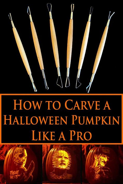 A set of pumpkin carving tools with 3 carved pumpkins. Pro Pumpkin Carving, How To Carve Pumpkins, Diy Pumpkin Carving Ideas Easy, Pumpkin Carving How To, Best Way To Carve A Pumpkin, Insane Pumpkin Carving, Shaved Pumpkin Carving, Pumpkin Mushroom Carving, Professional Pumpkin Carving