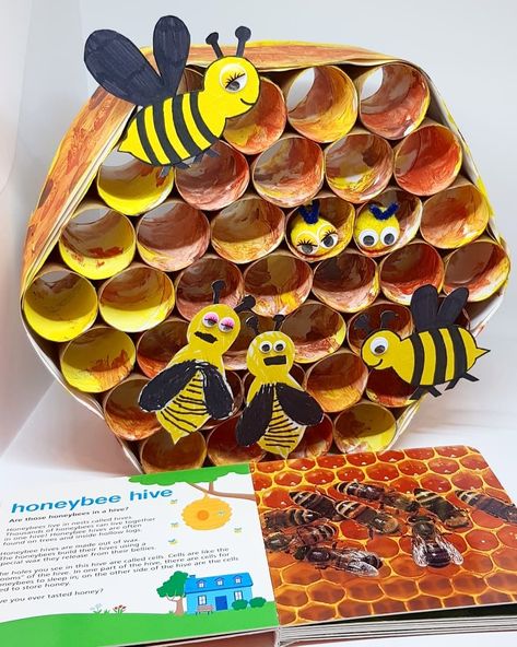 BUSY BEE HIVE⁣ Bees and I have history - last summer I was stung on the bottom of my foot - twice!!! It was not ideal. But when I found out… Bee Hive Craft, Bee Crafts For Kids, Bee Themed Classroom, Bee Activities, Garden Art Sculptures Diy, Garden Artwork, Garden Art Projects, Bee Crafts, Garden Art Crafts