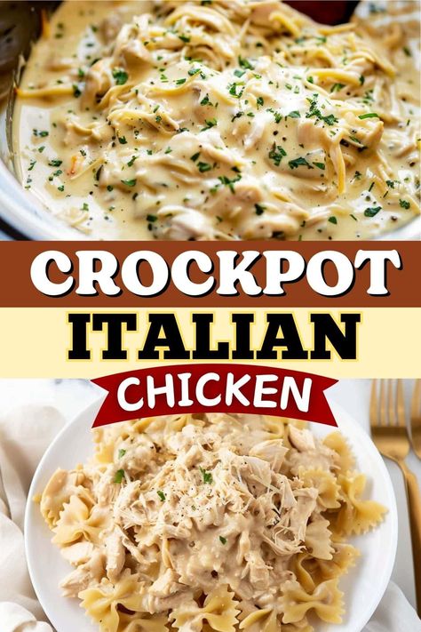 This Crockpot Italian chicken is creamy, easy, and delicious! It's made with a luscious sauce of cream cheese, cream of chicken soup, and Italian dressing. Crockpot Italian Chicken, Crockpot Italian, Creamy Crockpot Chicken, Italian Chicken Crockpot, Italian Chicken Pasta, Creamy Italian Chicken, Crockpot Pasta, Slow Cooker Chicken Thighs, Italian Chicken Recipes