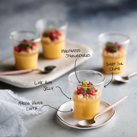 Mango Panna Cotta Recipe, Canape Food, Canapes Catering, Mango Panna Cotta, Macerated Strawberries, Tropical Desserts, Canapes Recipes, Panna Cotta Recipe, Mobile Catering