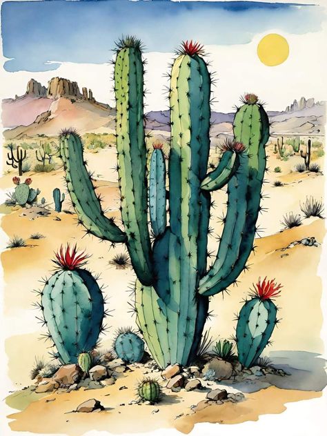 Cactus Drawings, Cactus Watercolor Painting, Cactus Flower Painting, Southwest Christmas, Desert Watercolor, Cactus Watercolor, Cactus Drawing, Succulent Art, Plant Background