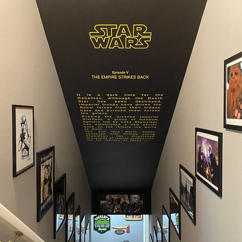 Turn Your Stairs Into the Star Wars Opening Crawl - Media Chomp Star Wars Lego Room, Star Wars Basement Ideas, Star Wars Themed Basement, Star Wars Themed Game Room, Star Wars Stairwell, Star Wars Media Room, Star Wars Stairs, Star Wars Themed Movie Room, Star Wars Theater Room