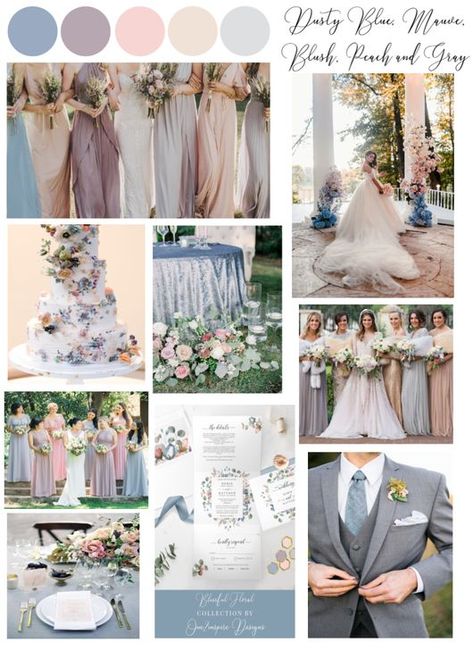 Blog post full of ideas and inspiration for a "Mauve, Dusty Blue, Blush and Peach" Wedding color palette Dusty Blue Lavender And Blush Wedding, Lilac Blush And Blue Wedding, Pastel Color Scheme Wedding, Dusk Color Palette Wedding, Wedding Motiff 2023, Mauve Dusty Blue Wedding, Dusty Blue Blush And Gold Wedding, Dusty Blue Mauve And Blush Wedding, Dusty Mauve Wedding Color Palettes