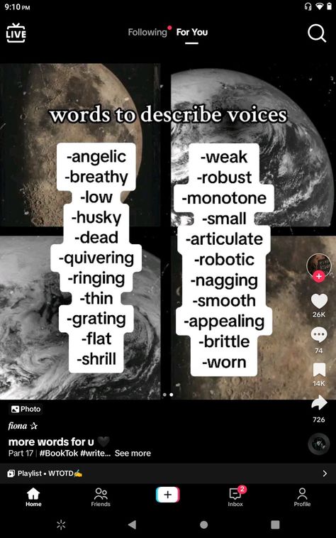 Ways To Describe Black Hair, Ways To Describe Someone's Voice, Different Ways To Describe A Voice, How To Describe A Character Waking Up, Ways To Describe Fear In Writing, How To Describe A Character's Voice, Book Vibe, Character Descriptions, Opinion Writing