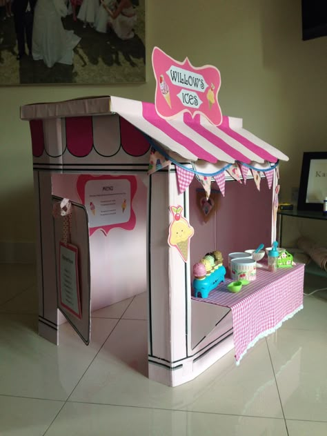 Ice cream parlour x Cardboard Ice Cream Truck Diy, Cardboard Crafts Ice Cream Shop, Cardboard Ice Cream Shop, Cardboard Box Ice Cream Truck, Diy Kardus, I’ve Cream Truck Cardboard, Cardboard Kitchen, Cat Room Decor, Cardboard Crafts Kids