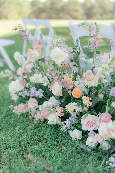 Pastel Wedding Ceremony Flowers, Colorful Floral Chuppah, Pastel Wedding Aisle, Pastel Aisle Flowers, Whimsical Flowers Wedding, Pastel Wedding Arch, Pastel Wedding Ceremony, Muted Pastel Wedding, Spring Pastel Wedding