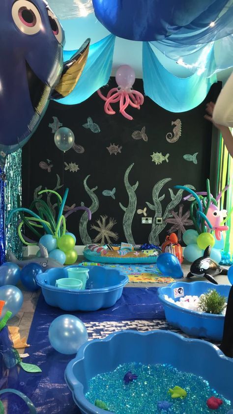 Sea Themed Sensory Play, Mermaid Messy Play, Ocean Messy Play, Seaside Theme Party, Under The Sea Sensory Room, Sea Monster Birthday Party, Summer Messy Play, Under The Sea Stage Decorations, Under The Sea Messy Play